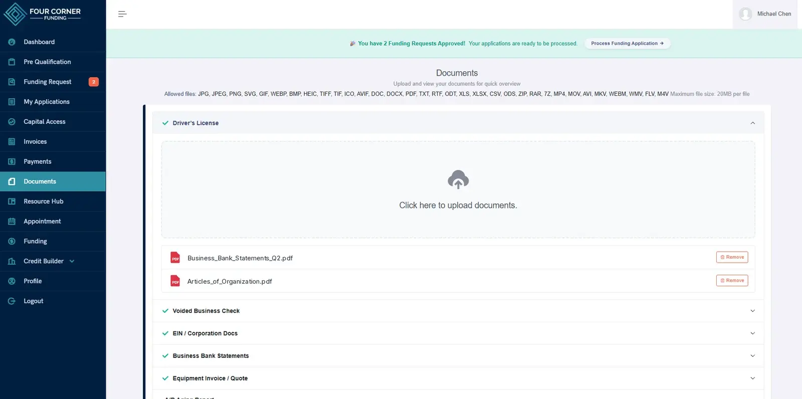 Document workspace showing required categories, upload state, and verification status per document.