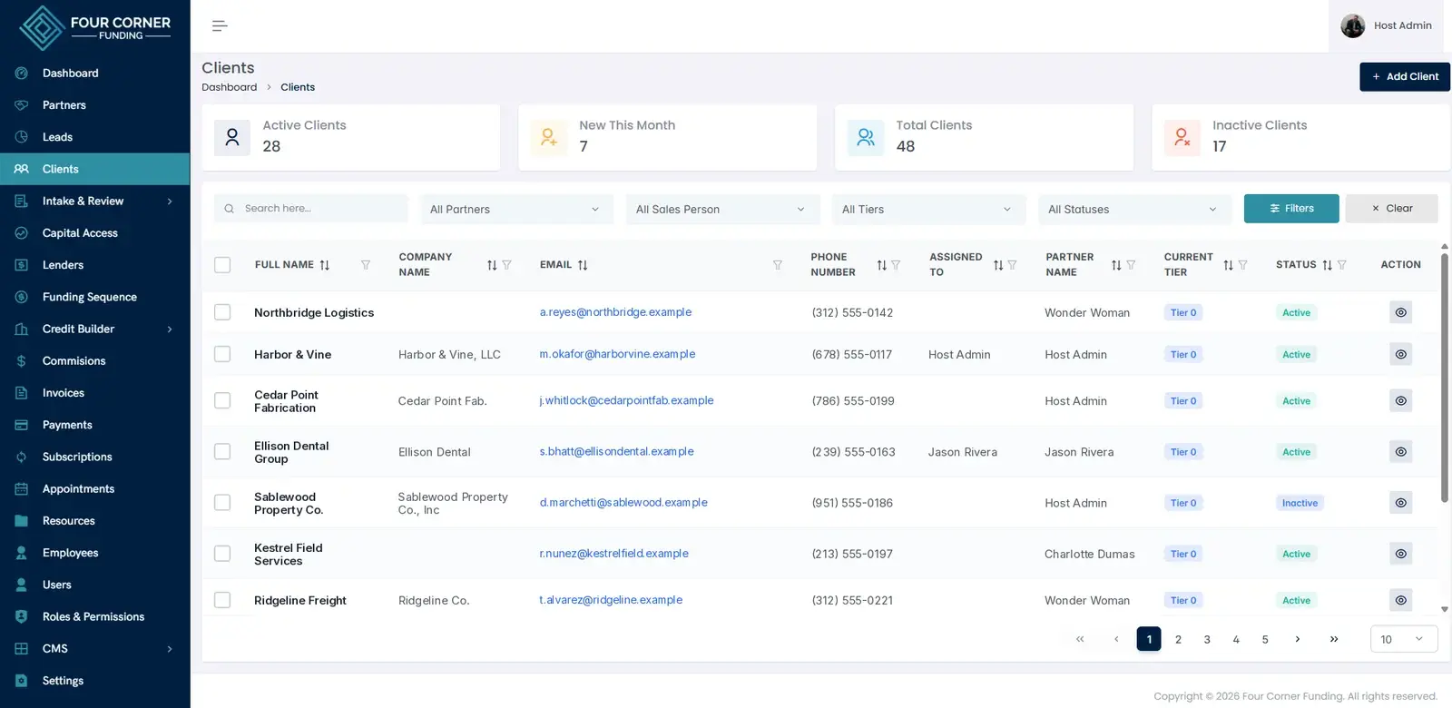Partner client list showing each client's company, contact, assigned owner, partner, current tier, and status side by side.