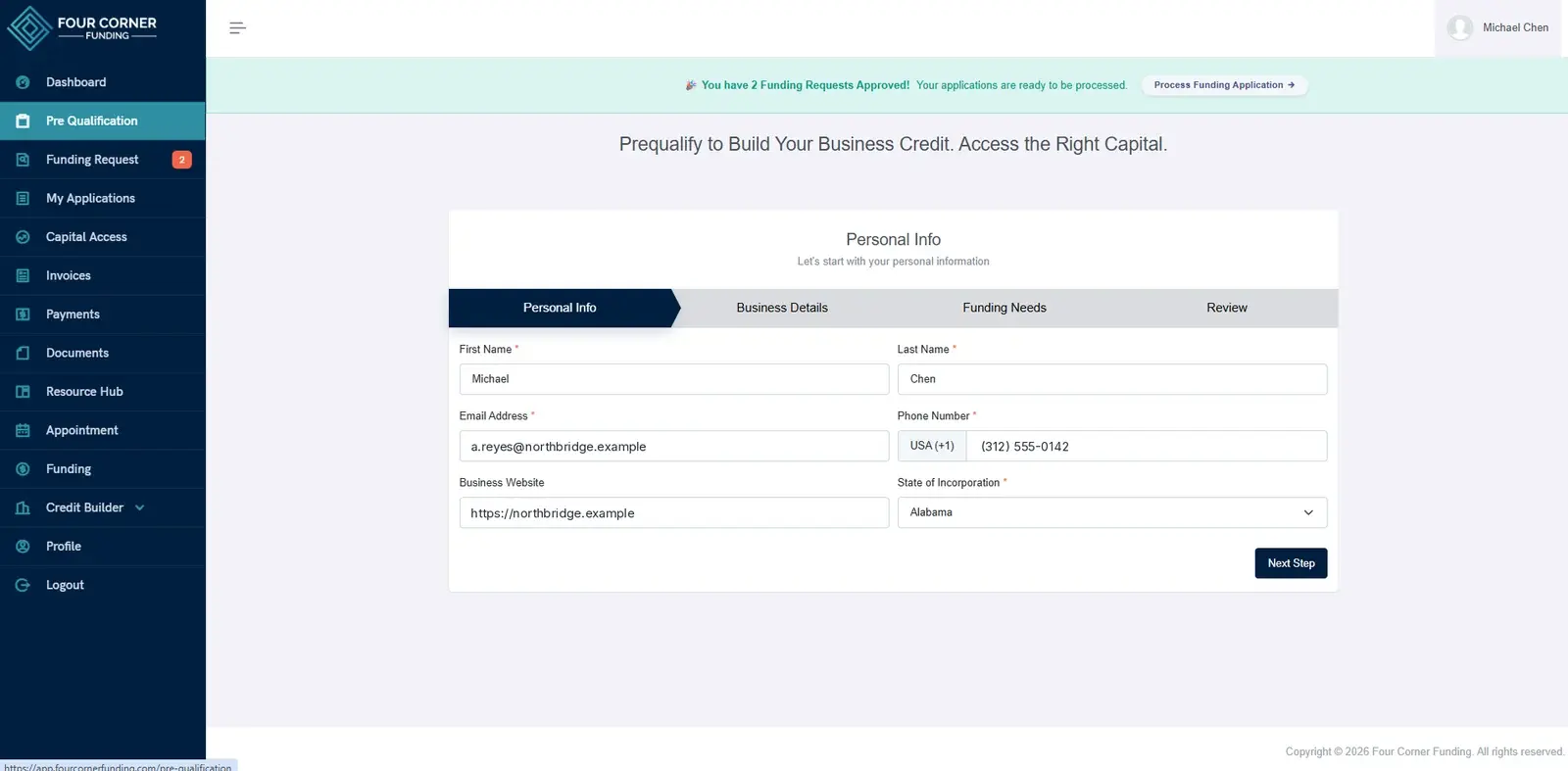 Multi-step prequalification form covering personal information, business details, funding needs, and review.