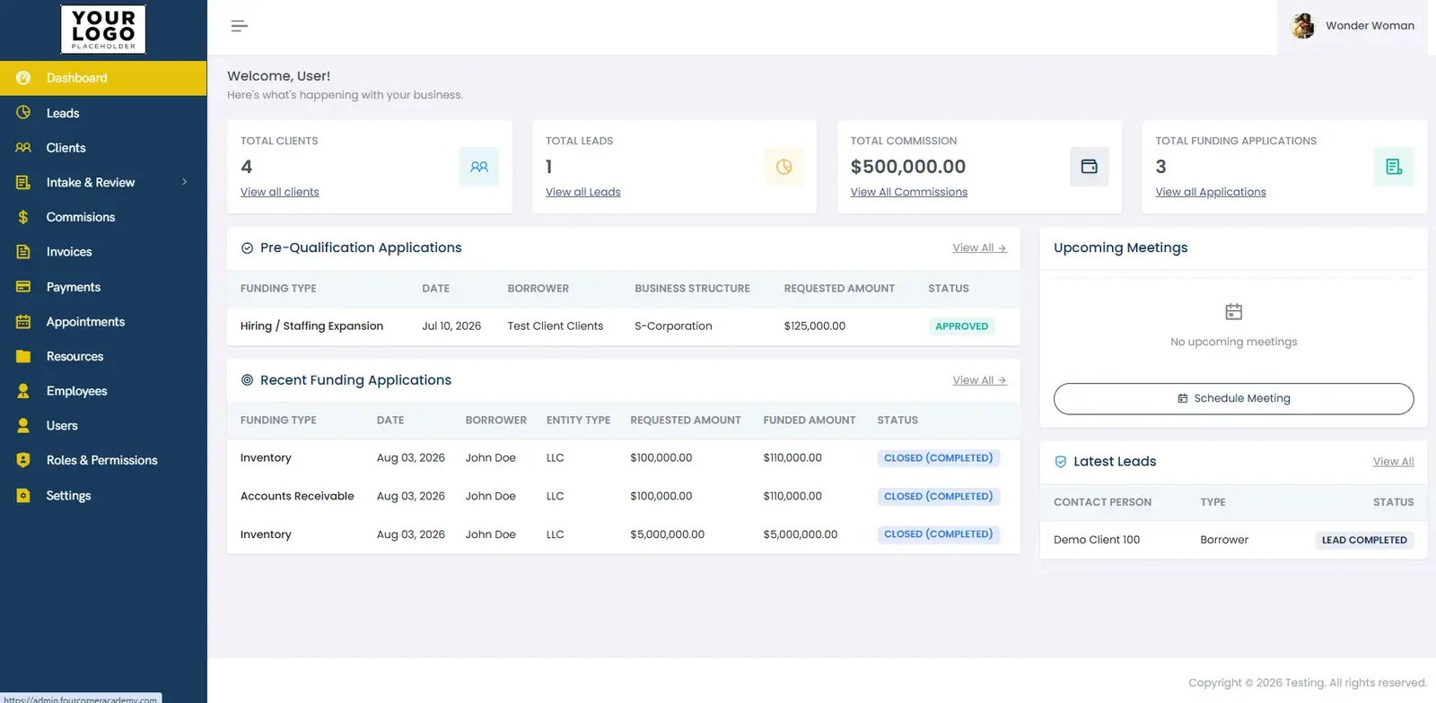 Branded white-label dashboard showing client totals, leads, commission, funding applications, and recent activity.