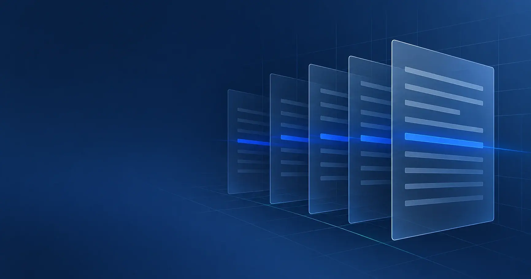 Layered translucent document panels in dark blue, with a single line of each one picked out in bright blue