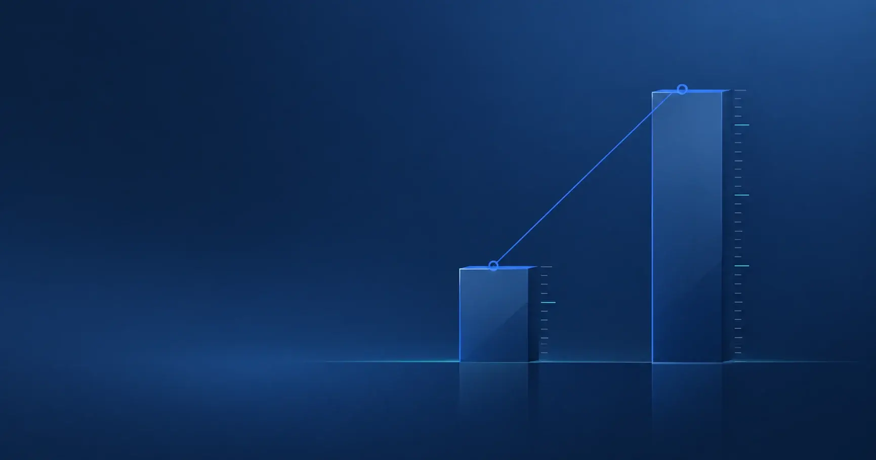 Two abstract bars of very different heights joined by a thin blue line, suggesting a comparison of cost