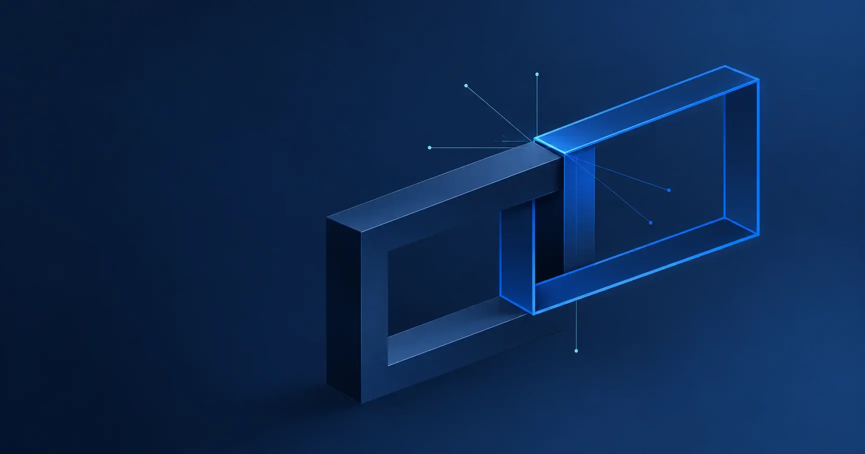 Two interlocking rectangular frames, one dark and one outlined in blue, joined at a single point