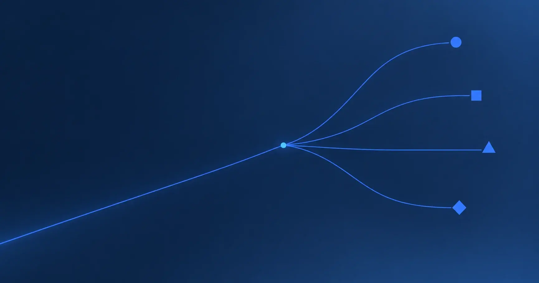 A single blue line branching into four routes, each ending in a different geometric marker