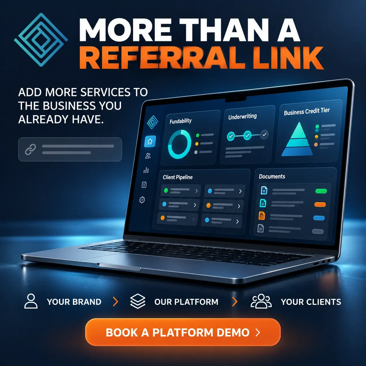 More Than a Referral Link — add more services to the business you already have. The Four Corner Funding White Label partner platform shown on a laptop.