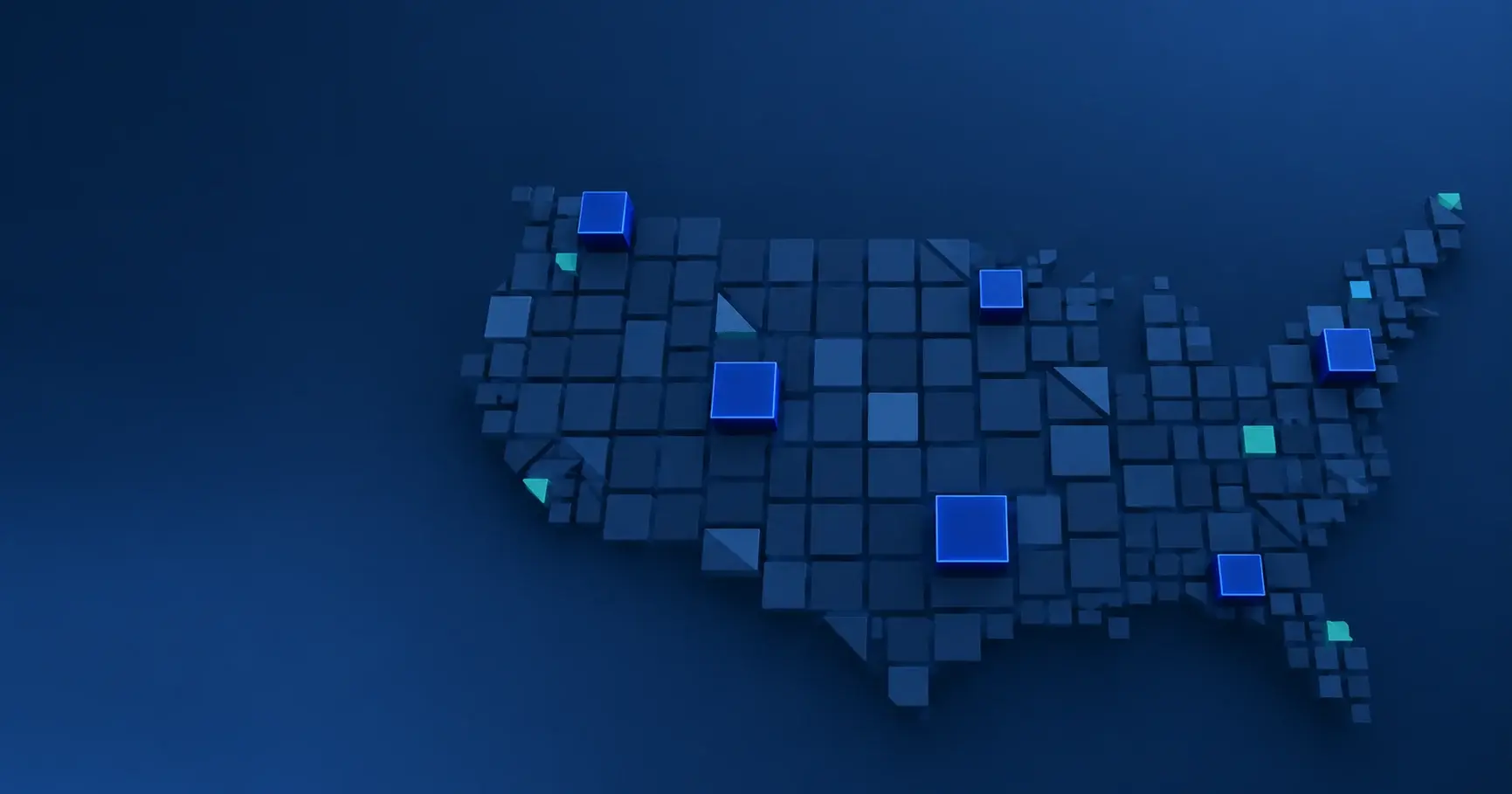 An abstract tiled map of the United States on a dark navy background, with a small number of tiles lifted and highlighted in blue
