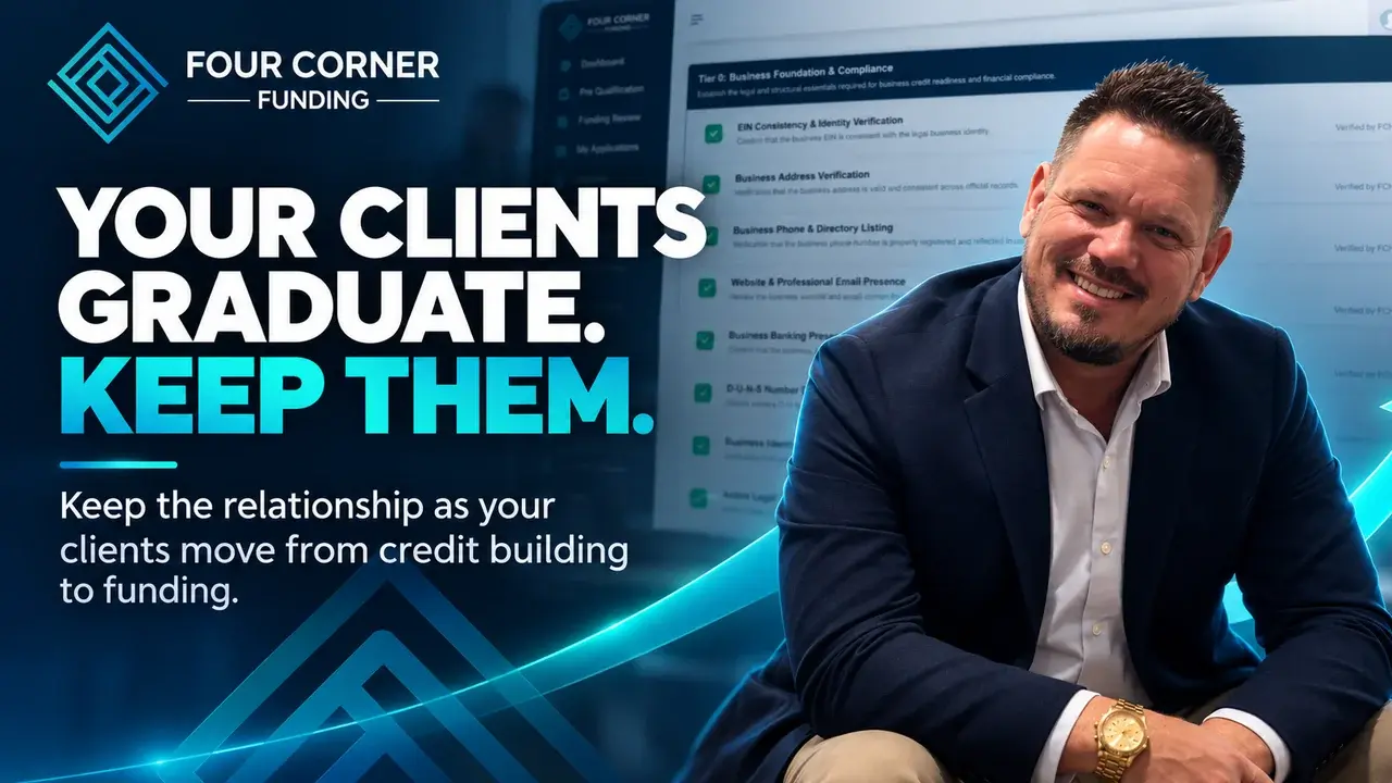 Your clients graduate. Keep them. Craig Rice with the business credit building guide behind him.