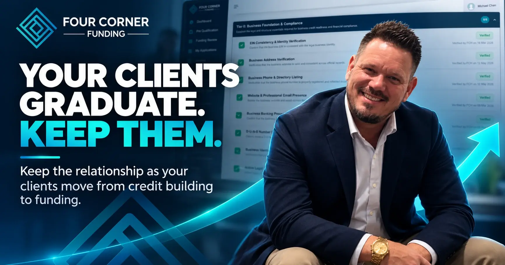 Your clients graduate. Keep them. Craig Rice with the business credit building guide behind him.