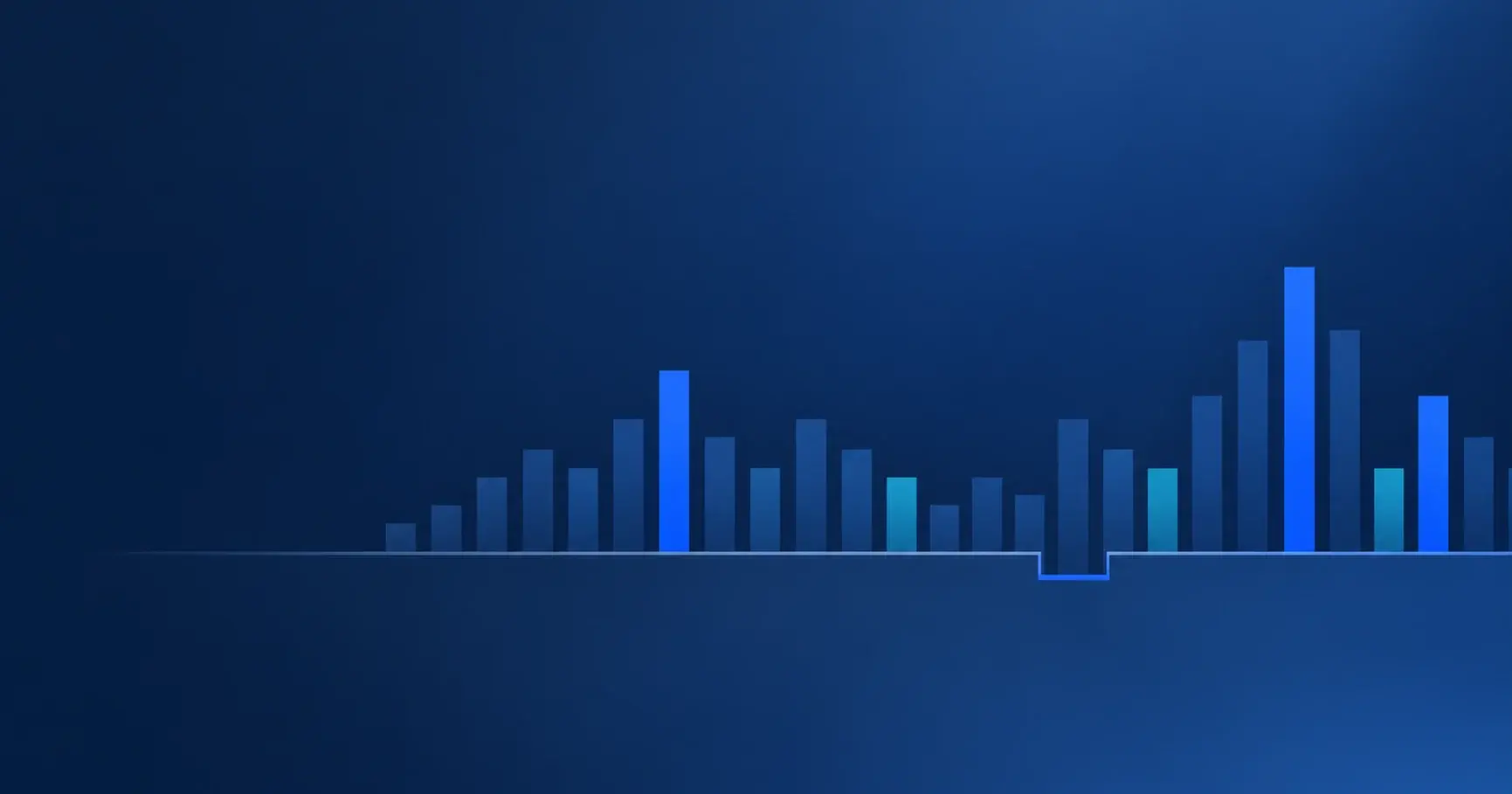 A row of vertical bars of varying heights along a baseline, with a few picked out in blue and one segment dipping below the line