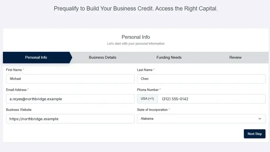A step-by-step prequalification form moving from personal information through business details and funding needs to review, with the first step filled in