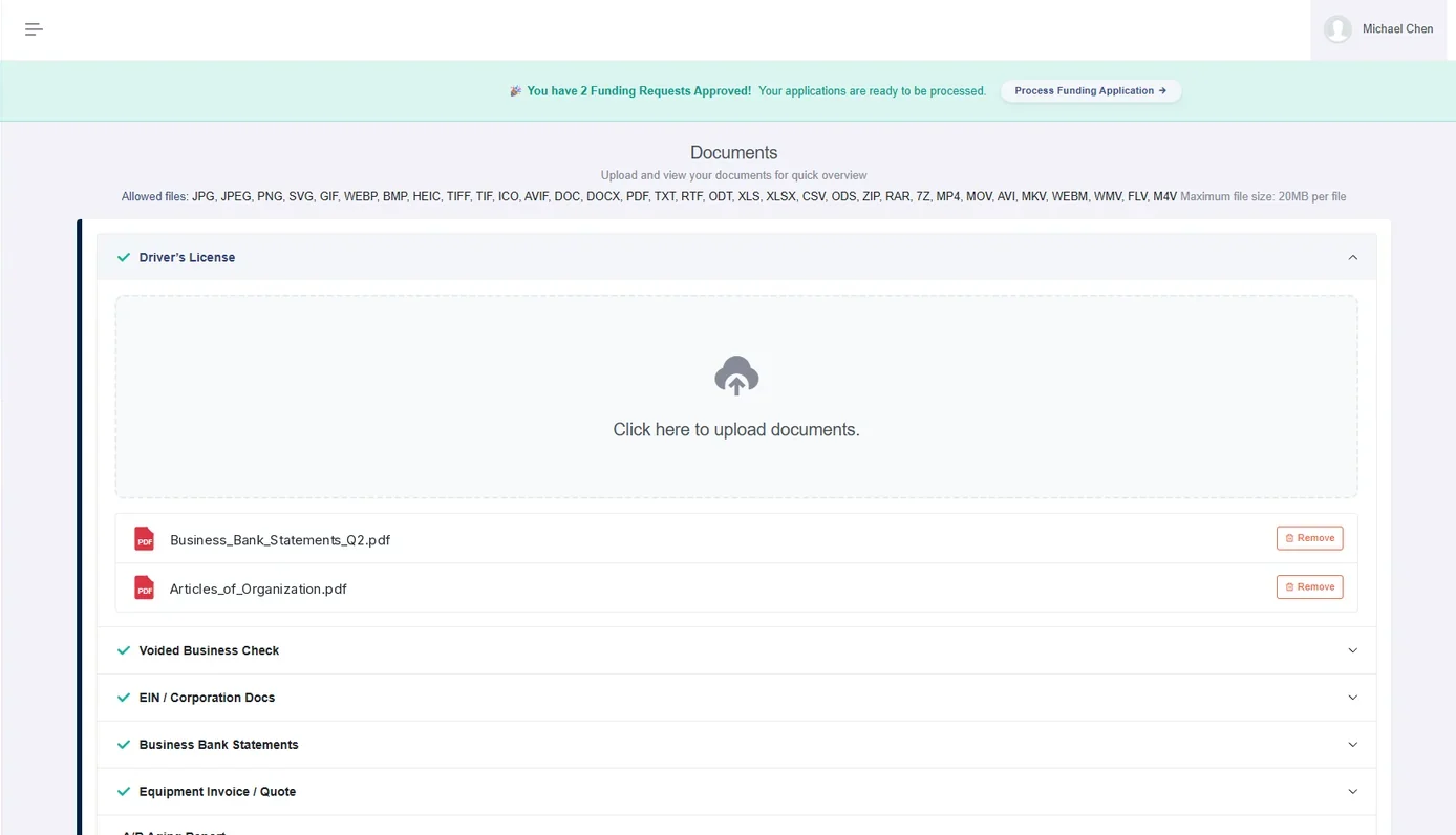 A document workspace organised by category — driver's license, voided business check, EIN and corporation documents, business bank statements, equipment invoice, and more — each showing whether it has been completed