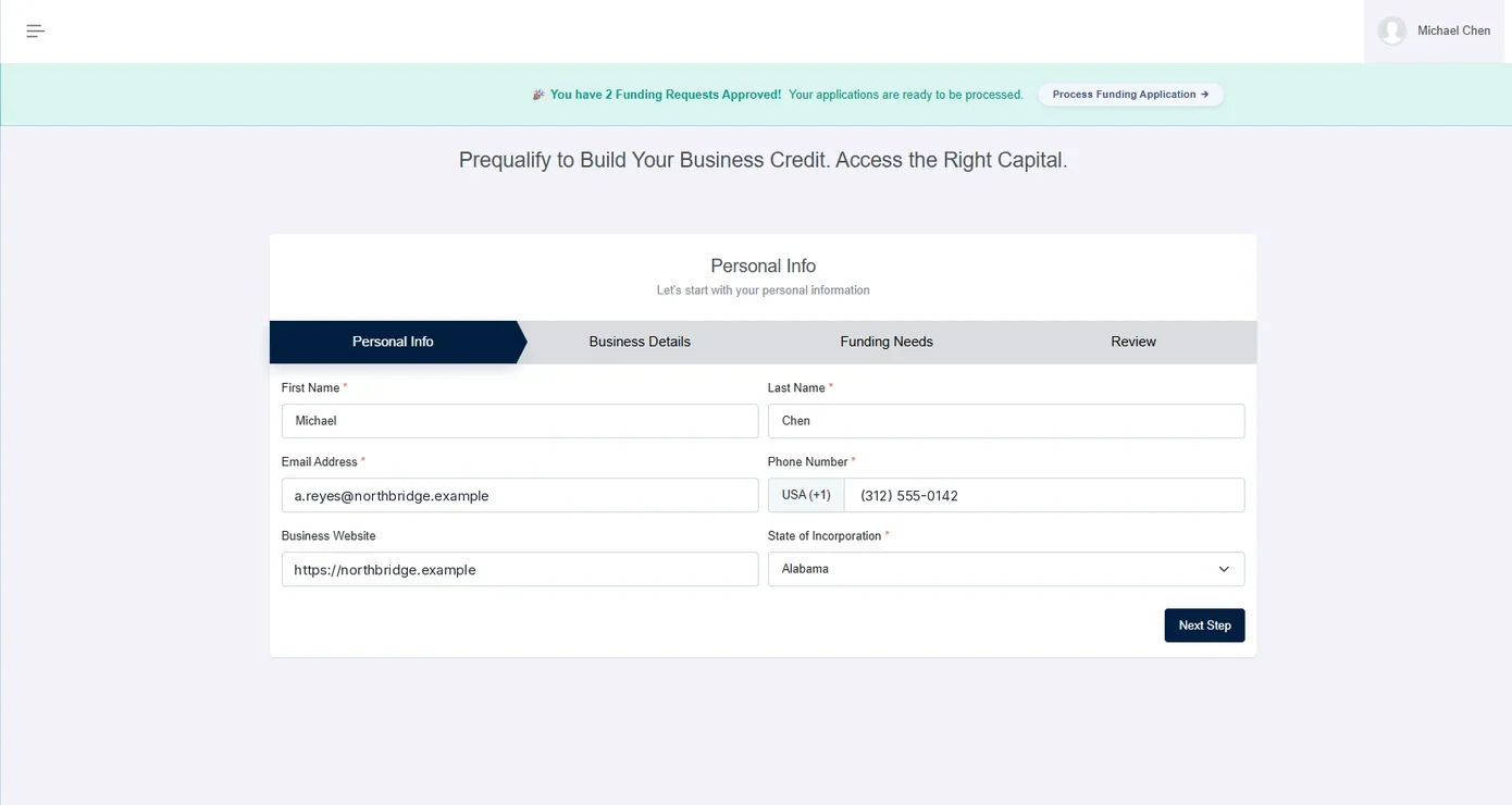 A step-by-step prequalification form moving from personal information through business details and funding needs to review, with the first step filled in
