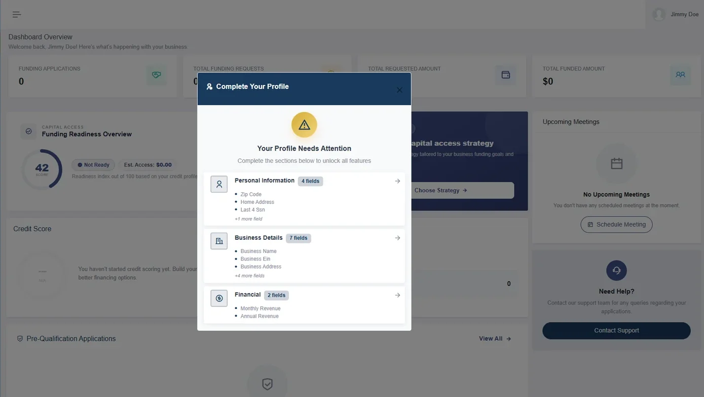 A profile completion prompt listing the personal, business and financial details still outstanding before the platform can assess readiness, over a dashboard showing a low readiness score