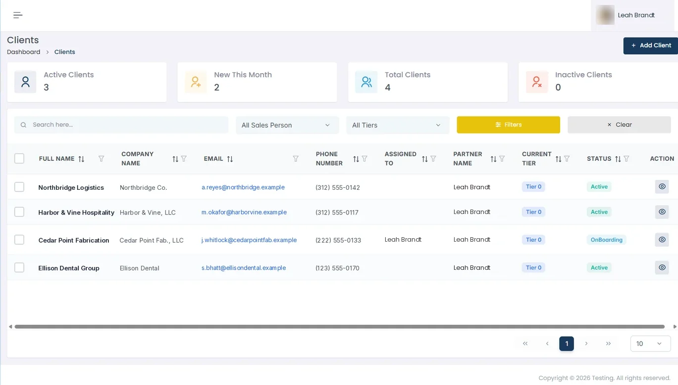A partner's client list showing each client company, contact email, phone, partner, business credit tier and status